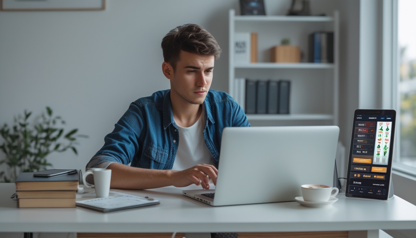 Seorang dewasa muda fokus bermain game slot online di laptop di ruang kerja rumah yang terang dan rapi.