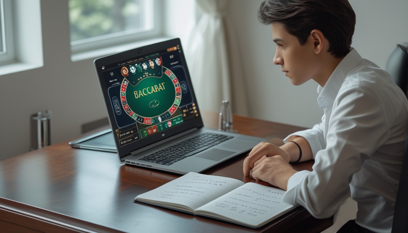 Seorang pemuda sedang bermain baccarat online di laptop dengan catatan strategi di meja, terlihat fokus dan tenang.