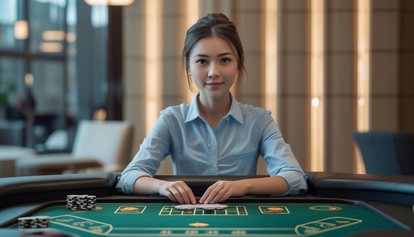 Seorang wanita muda duduk di meja permainan baccarat dengan kartu dan chip, tampak fokus dan percaya diri dalam suasana ruangan yang nyaman.