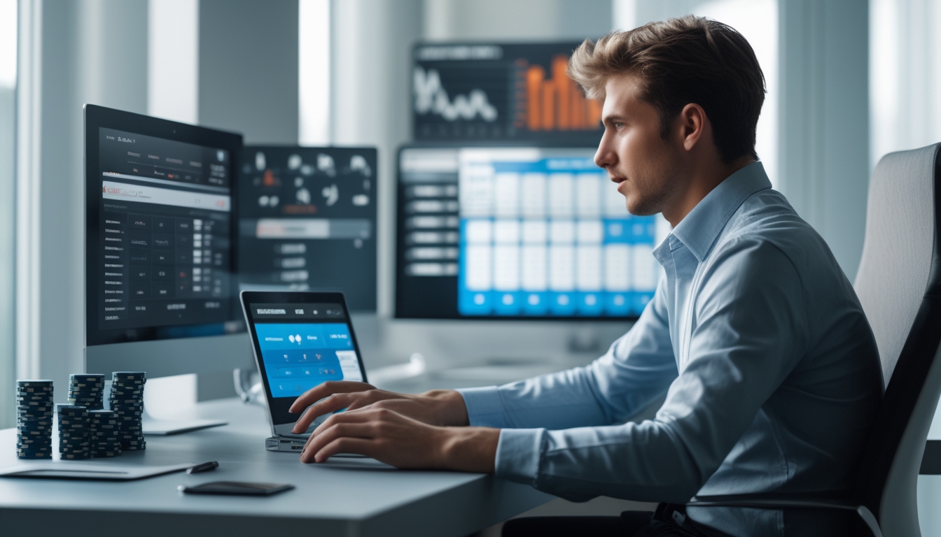 Seorang pria muda duduk di meja modern dengan laptop yang menampilkan permainan baccarat online, dikelilingi oleh tumpukan chip poker dan alat tulis, menunjukkan suasana fokus dan strategi.
