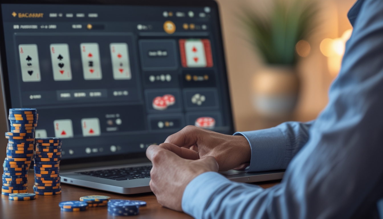 Seorang pria atau wanita fokus bermain baccarat online di depan laptop dengan tumpukan chip kecil di meja, di ruangan yang tenang dan rapi.