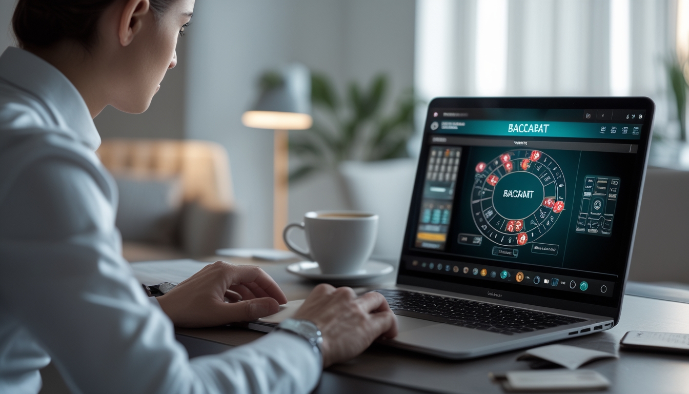 Seseorang sedang bermain baccarat online di laptop di ruang tamu yang rapi dan terang.