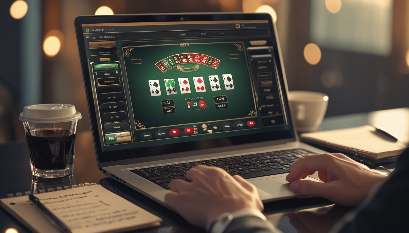 Seorang pemain sedang menggunakan komputer untuk bermain baccarat online dengan catatan dan kopi di meja.