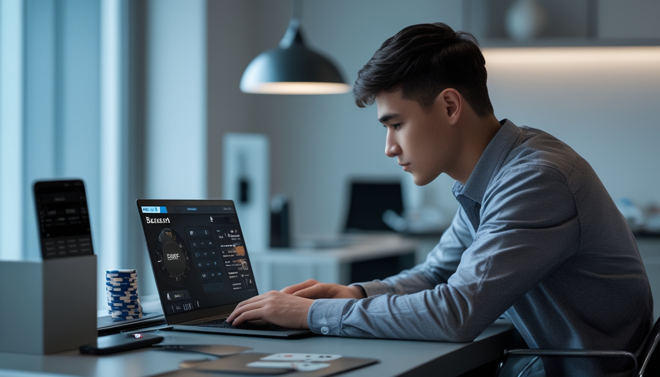 Seorang pria muda duduk di meja modern sambil melihat layar laptop yang menampilkan permainan baccarat online, dengan kartu dan chip poker di dekatnya.