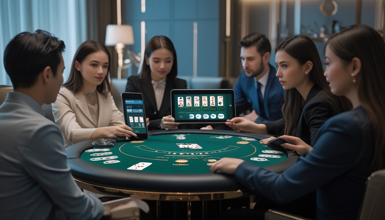 Beberapa orang sedang bermain baccarat online menggunakan perangkat digital di sebuah meja modern yang terang dan elegan.