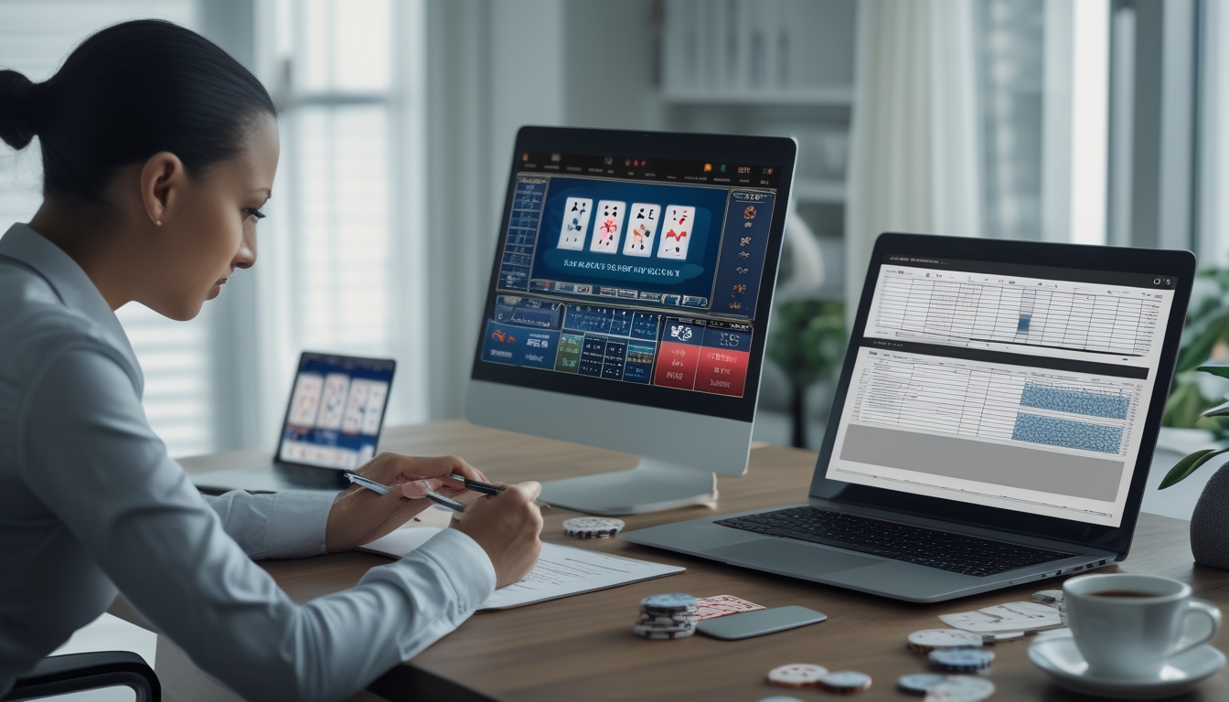 Seseorang sedang menganalisis pola permainan baccarat online di depan laptop dan tablet di meja kerja.