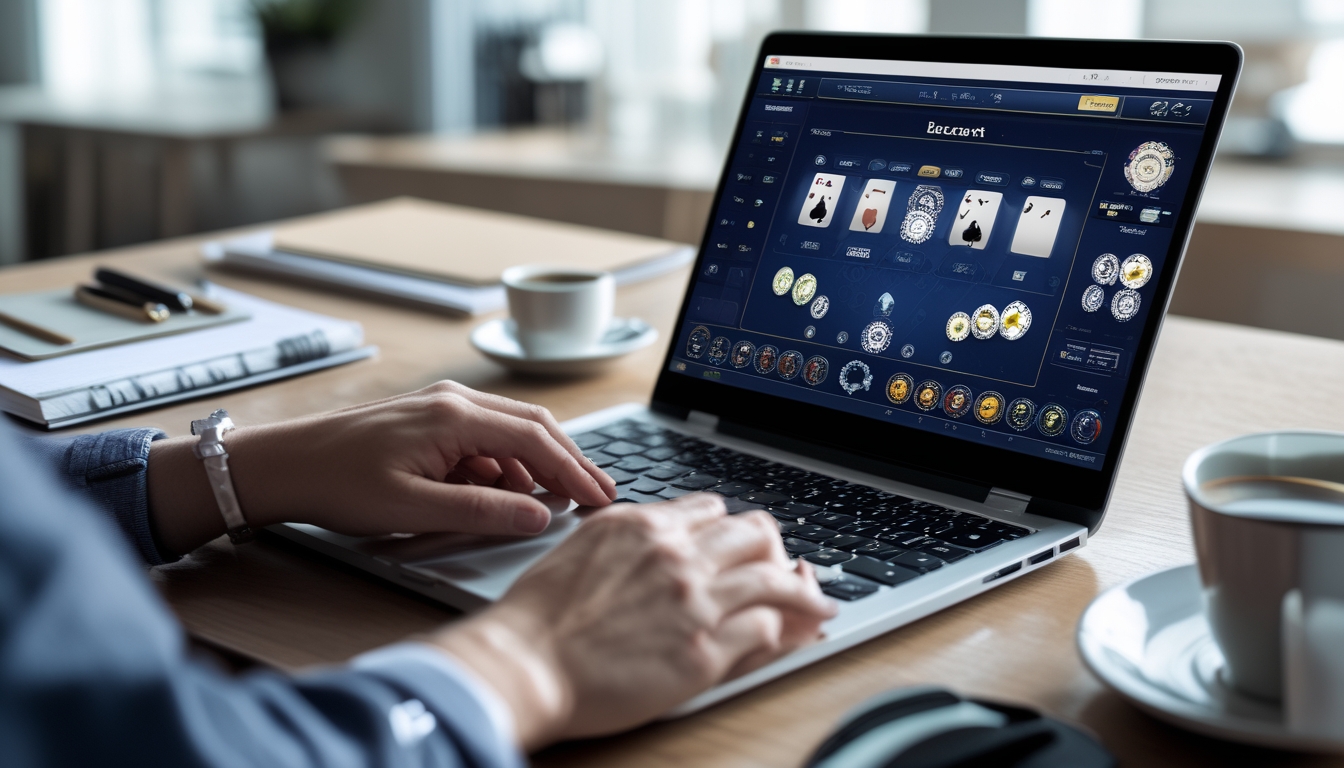 Seseorang sedang bermain baccarat online di komputer di ruang kerja yang rapi dan terang.
