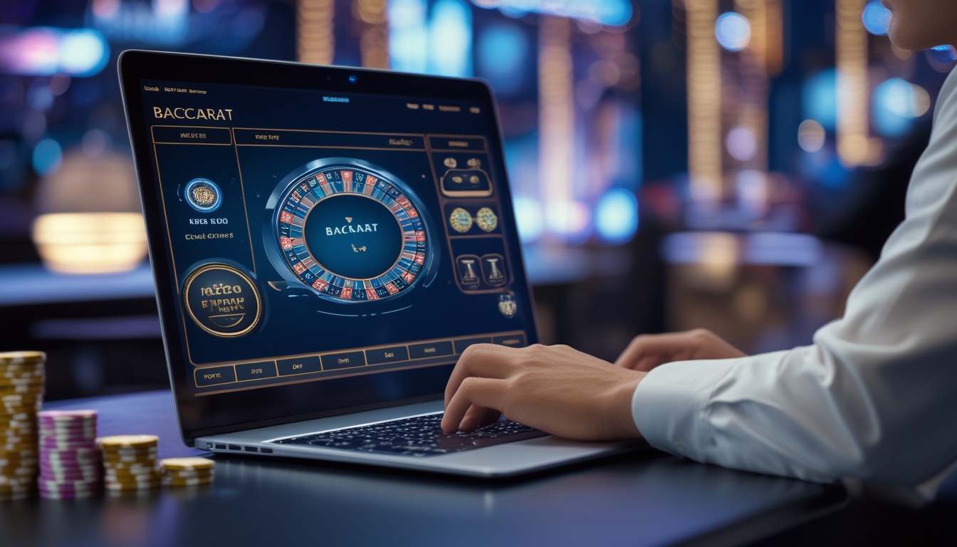 Seorang pemain yang serius sedang bermain baccarat online di depan komputer di lingkungan kasino digital.