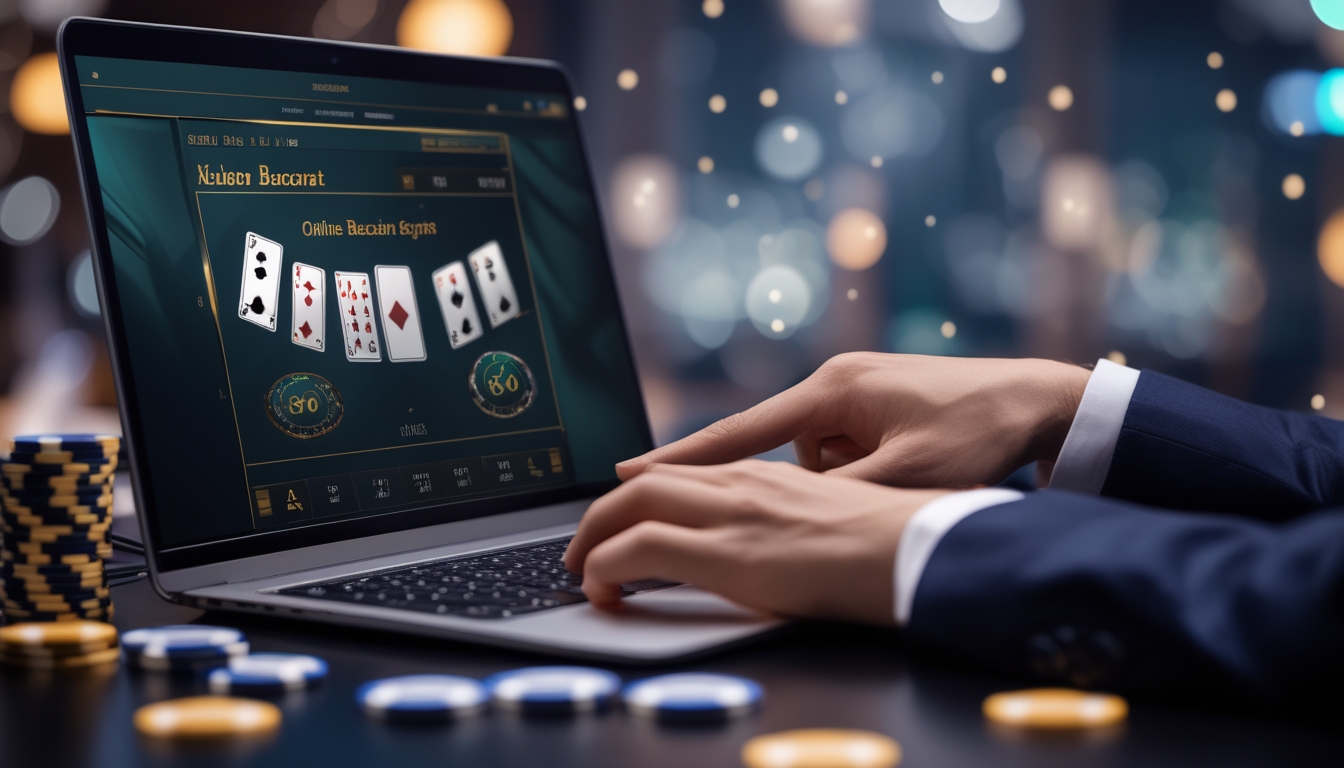 Seseorang sedang bermain baccarat online di depan layar komputer dengan kartu dan chip terlihat jelas.