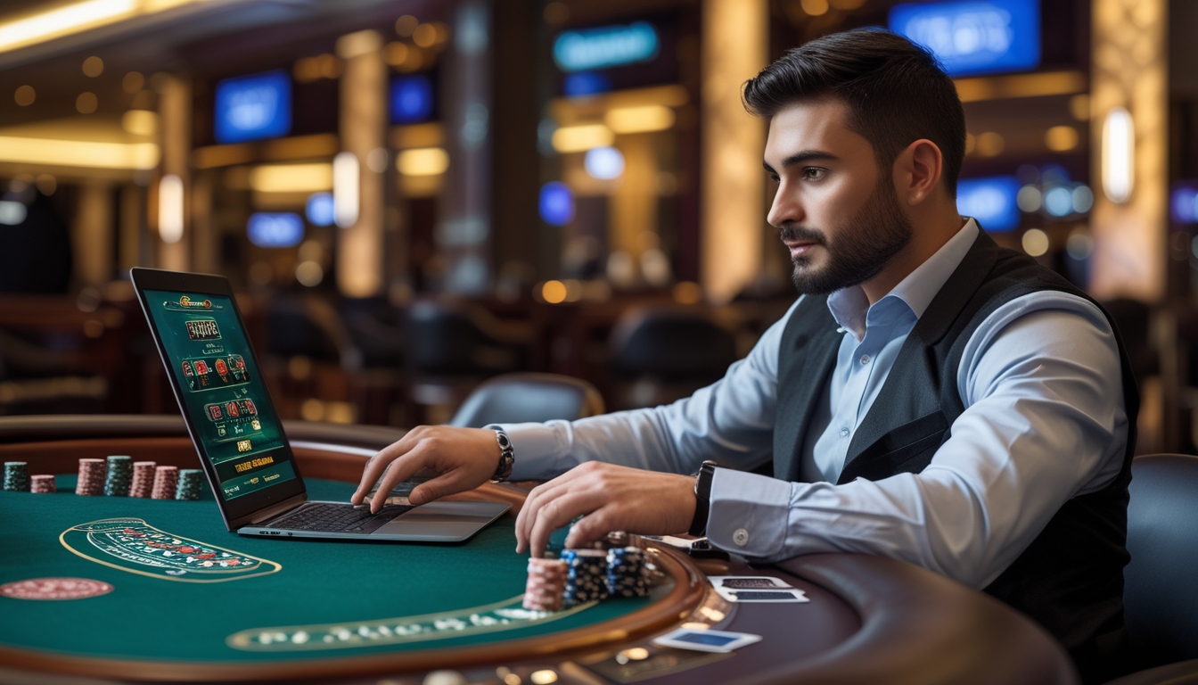 Seorang pria duduk di meja kasino dengan laptop, fokus bermain baccarat online dengan tumpukan chip dan kartu di depan.