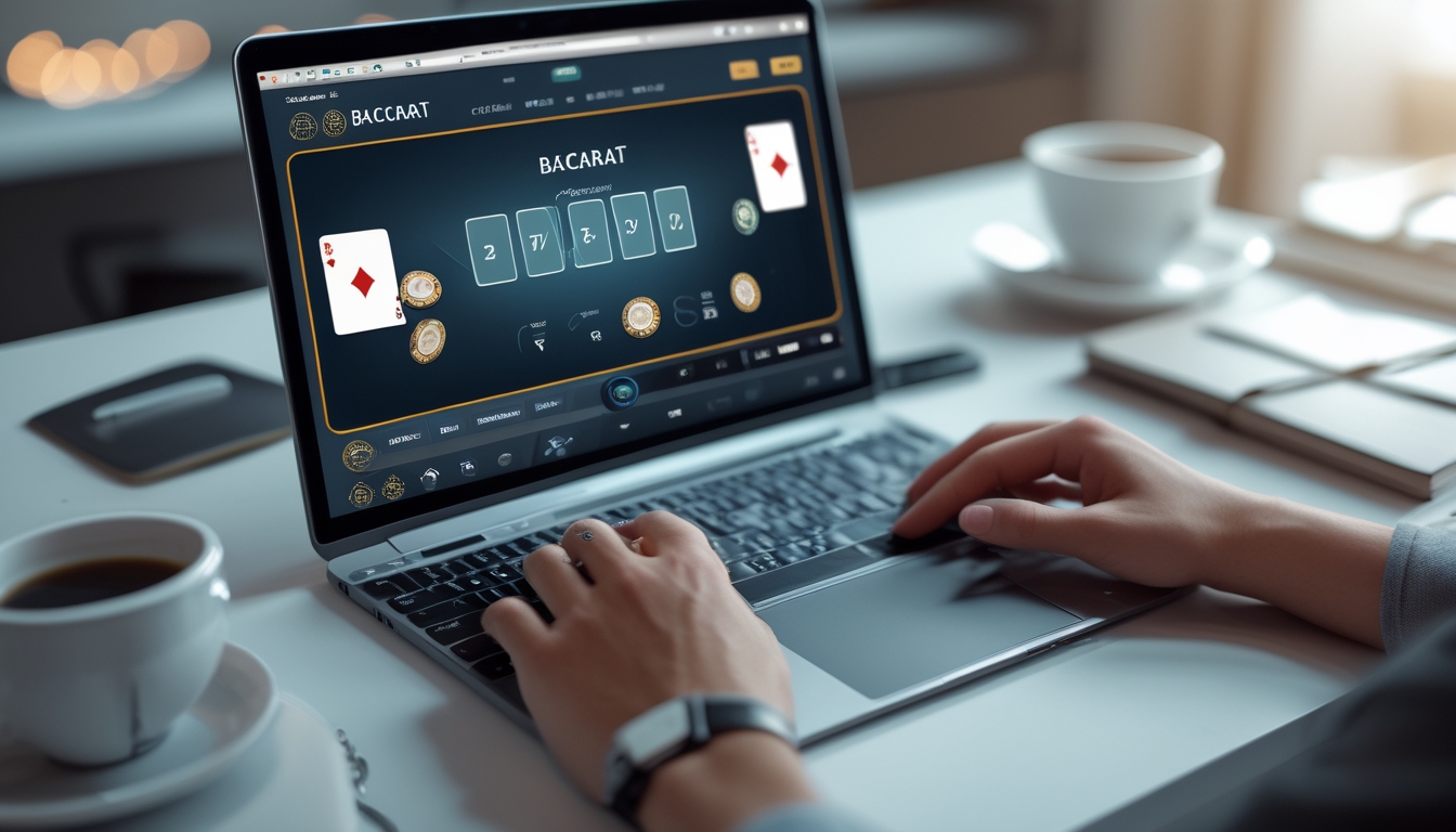 Seseorang bermain permainan baccarat online di komputer dengan meja kerja yang rapi dan suasana yang tenang.
