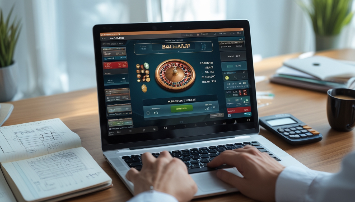 Meja kerja dengan laptop menampilkan permainan baccarat online, buku catatan dengan grafik keuangan, kalkulator, dan secangkir kopi, menunjukkan suasana fokus dan manajemen modal.
