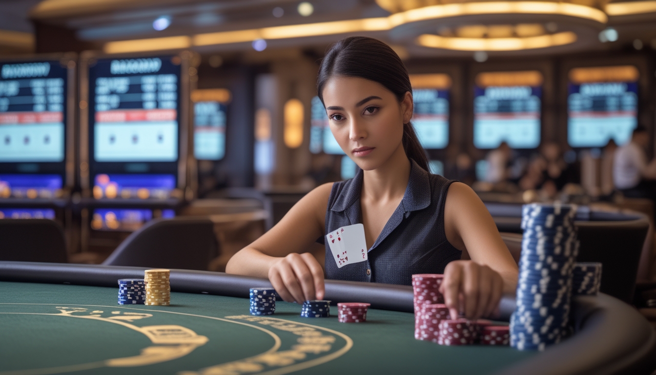 Seorang wanita muda duduk di meja permainan baccarat dengan kartu dan tumpukan chip, terlihat fokus dan tenang di suasana kasino.