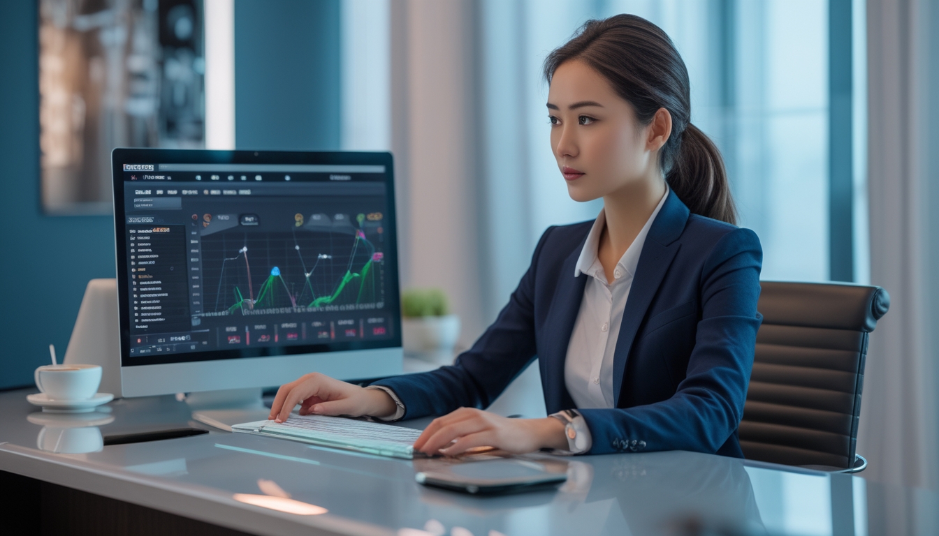 Seorang wanita muda sedang duduk di depan laptop sambil menganalisis data permainan baccarat online.