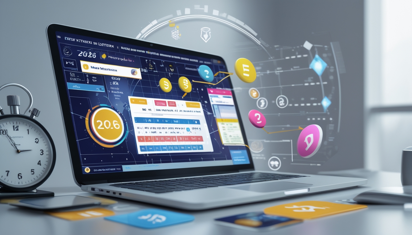 Meja kerja modern dengan laptop menampilkan antarmuka digital lotere online dan ikon pembayaran cepat.
