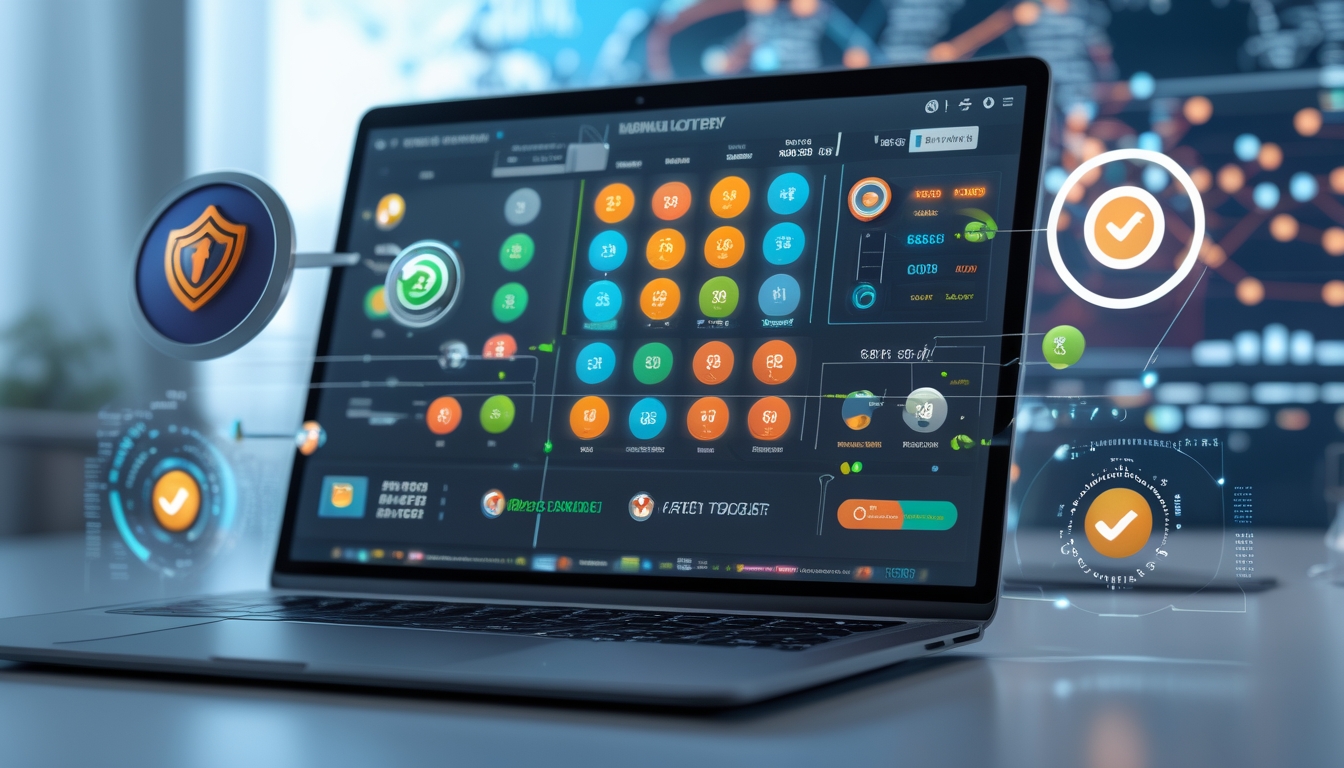 Seorang profesional bekerja dengan laptop yang menampilkan dashboard togel online, dikelilingi simbol keamanan dan pembayaran cepat.