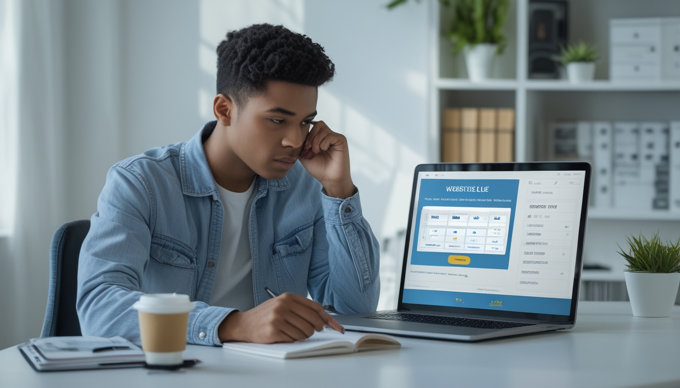 Seorang dewasa muda duduk di meja modern dengan laptop terbuka, sedang meneliti situs togel online dengan serius, di sekitar meja terdapat kopi, buku catatan, dan ponsel.