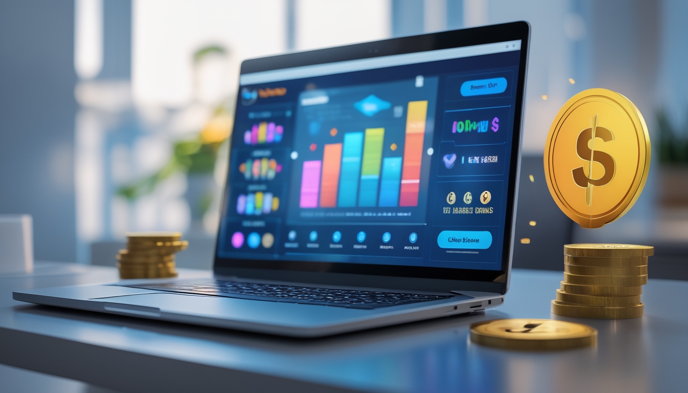 Seorang pengguna sedang melihat layar komputer yang menampilkan situs togel online dengan elemen simbol bonus dan transaksi keuangan di meja kerja yang rapi.