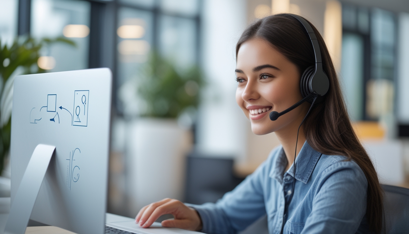 Seorang petugas layanan pelanggan yang percaya diri sedang membantu klien secara online di kantor modern.