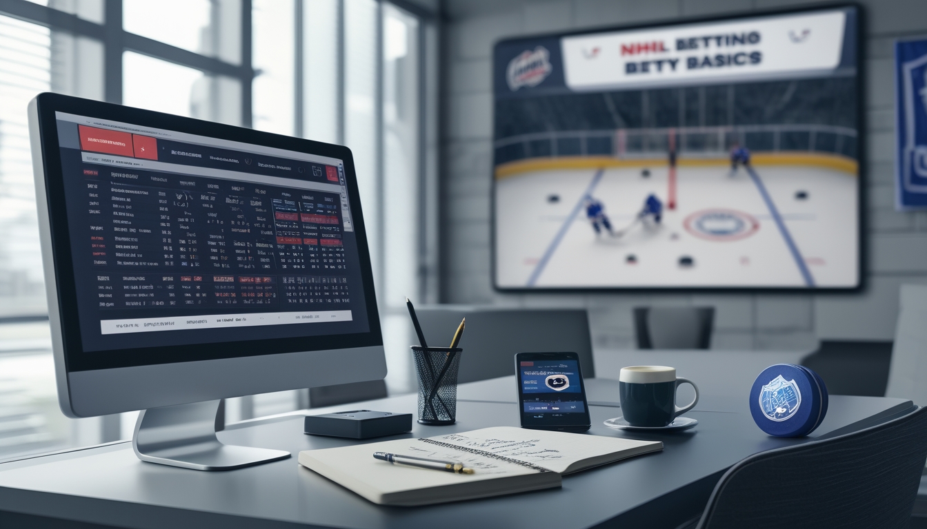 Meja kerja dengan komputer menampilkan statistik dan peluang taruhan NHL, buku catatan, kopi, dan ponsel dengan aplikasi taruhan olahraga.