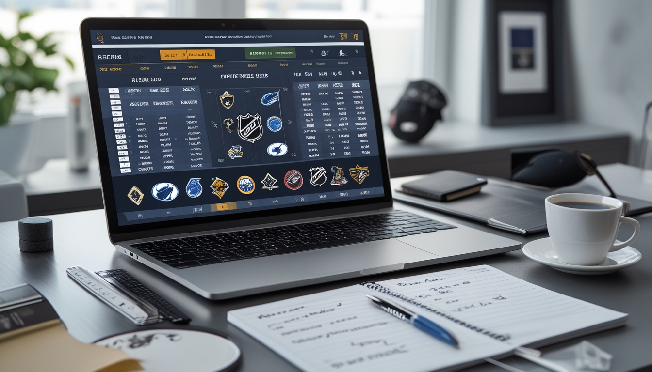 Meja kerja dengan laptop yang menampilkan logo tim NHL dan grafik taruhan, notepad dengan catatan, serta perlengkapan kecil bertema hoki, diterangi cahaya alami.