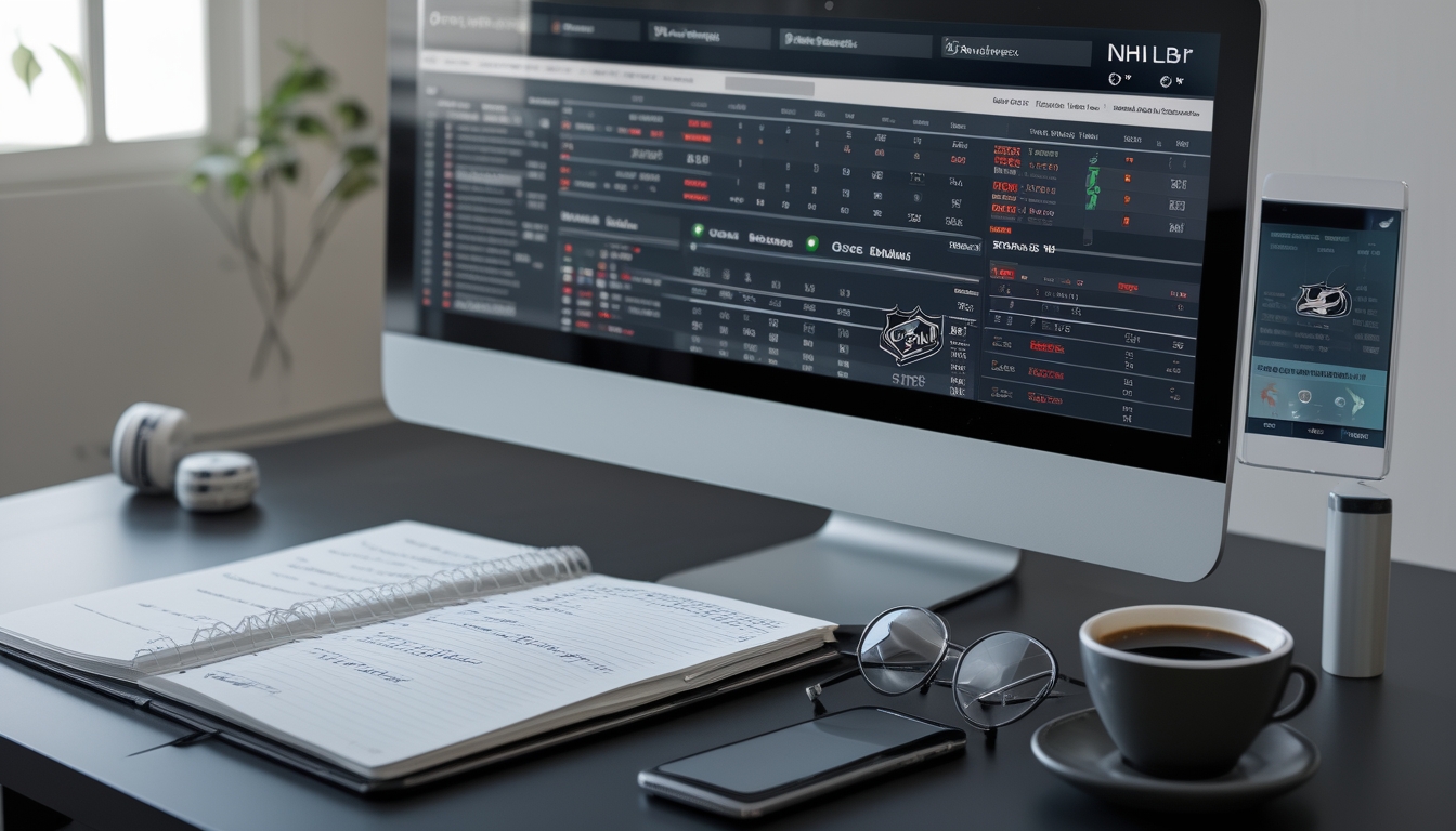 Meja kerja dengan komputer menampilkan statistik dan peluang taruhan NHL, buku catatan dengan catatan strategi, dan ponsel dengan aplikasi taruhan.