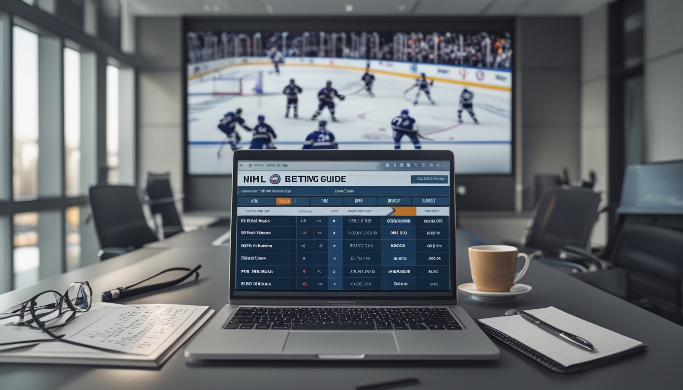 Orang sedang bekerja di meja dengan laptop yang menampilkan statistik dan peluang taruhan NHL, di latar belakang layar besar menunjukkan pertandingan hoki es yang sedang berlangsung.