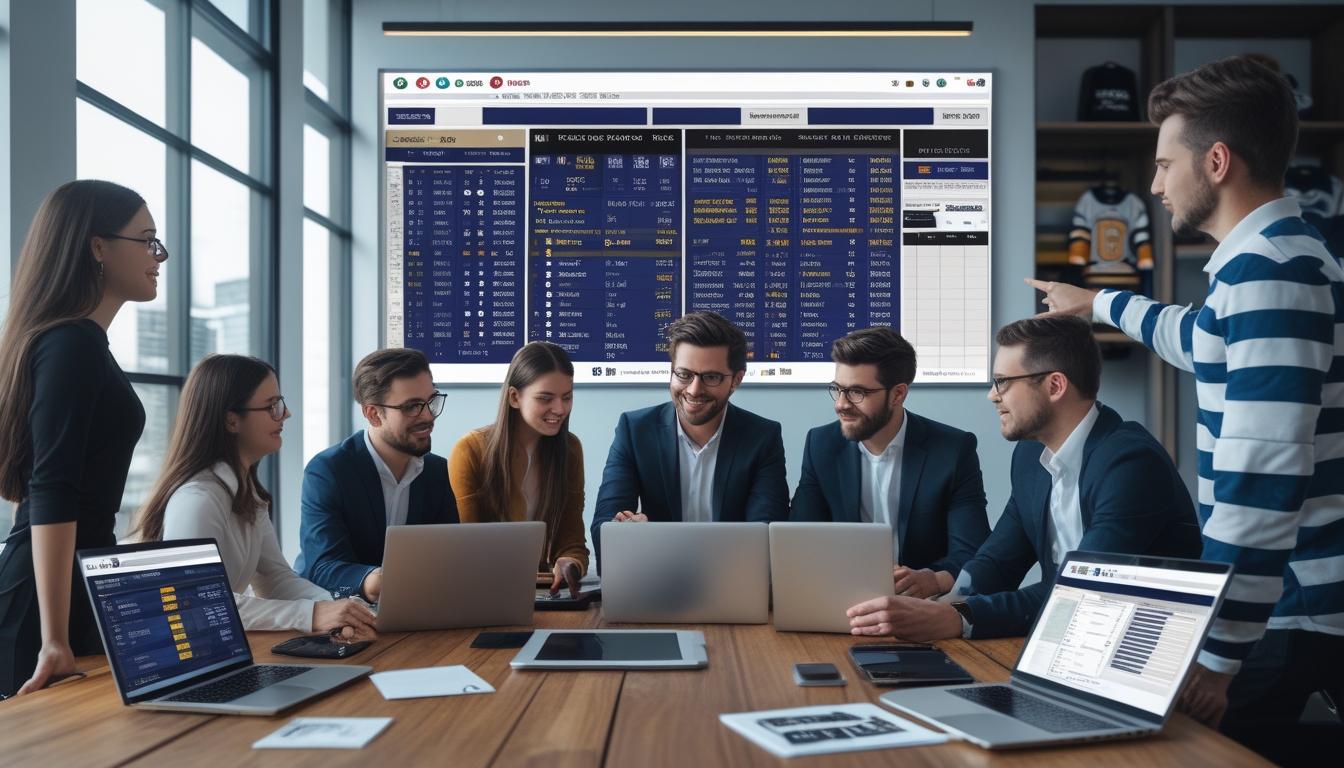 Sekelompok profesional muda sedang berdiskusi dan menganalisis data taruhan NHL di ruang kantor dengan layar besar dan perangkat digital.