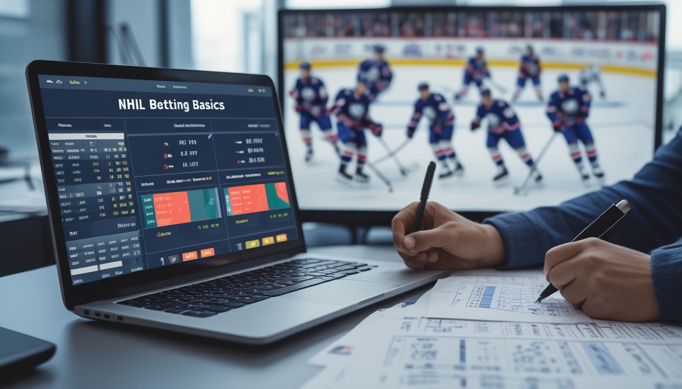 Seseorang sedang menganalisis statistik dan peluang taruhan NHL di depan laptop dengan pertandingan hoki sedang berlangsung di layar besar di belakangnya.