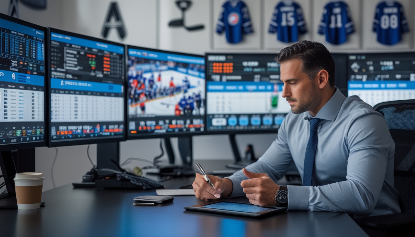 Seorang analis olahraga sedang bekerja di depan beberapa layar komputer yang menampilkan statistik dan pertandingan hoki NHL.