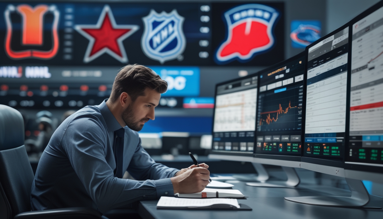 Seorang analis olahraga sedang bekerja di depan beberapa monitor yang menampilkan statistik dan pertandingan NHL.