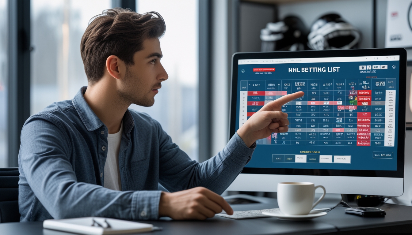Seorang pria muda duduk di meja dengan komputer yang menampilkan daftar taruhan NHL, sedang fokus menganalisis data taruhan.