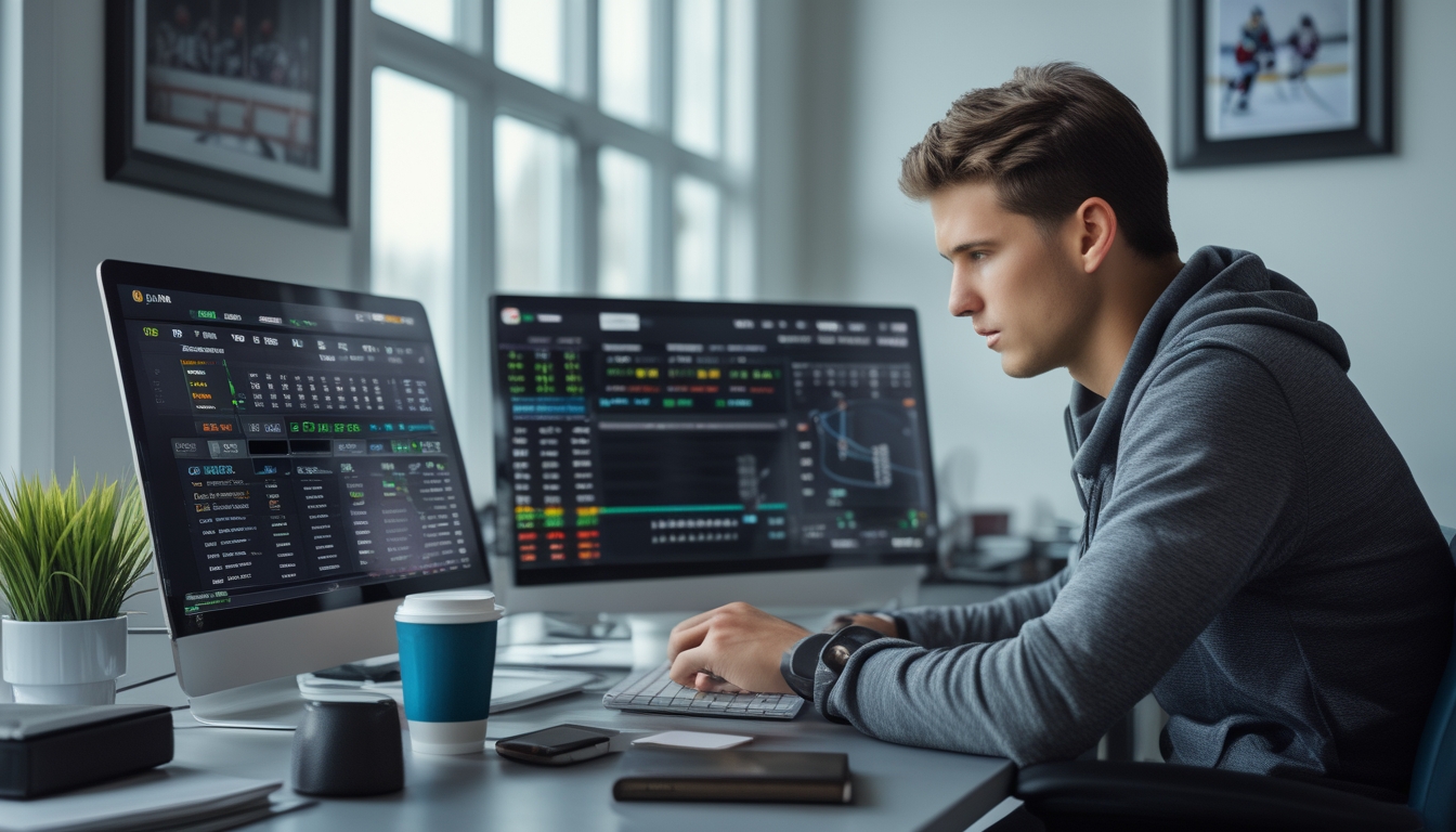 Seorang pria muda duduk di meja dengan beberapa perangkat digital yang menampilkan daftar taruhan dan statistik pertandingan NHL, terlihat fokus menganalisis data taruhan hoki.