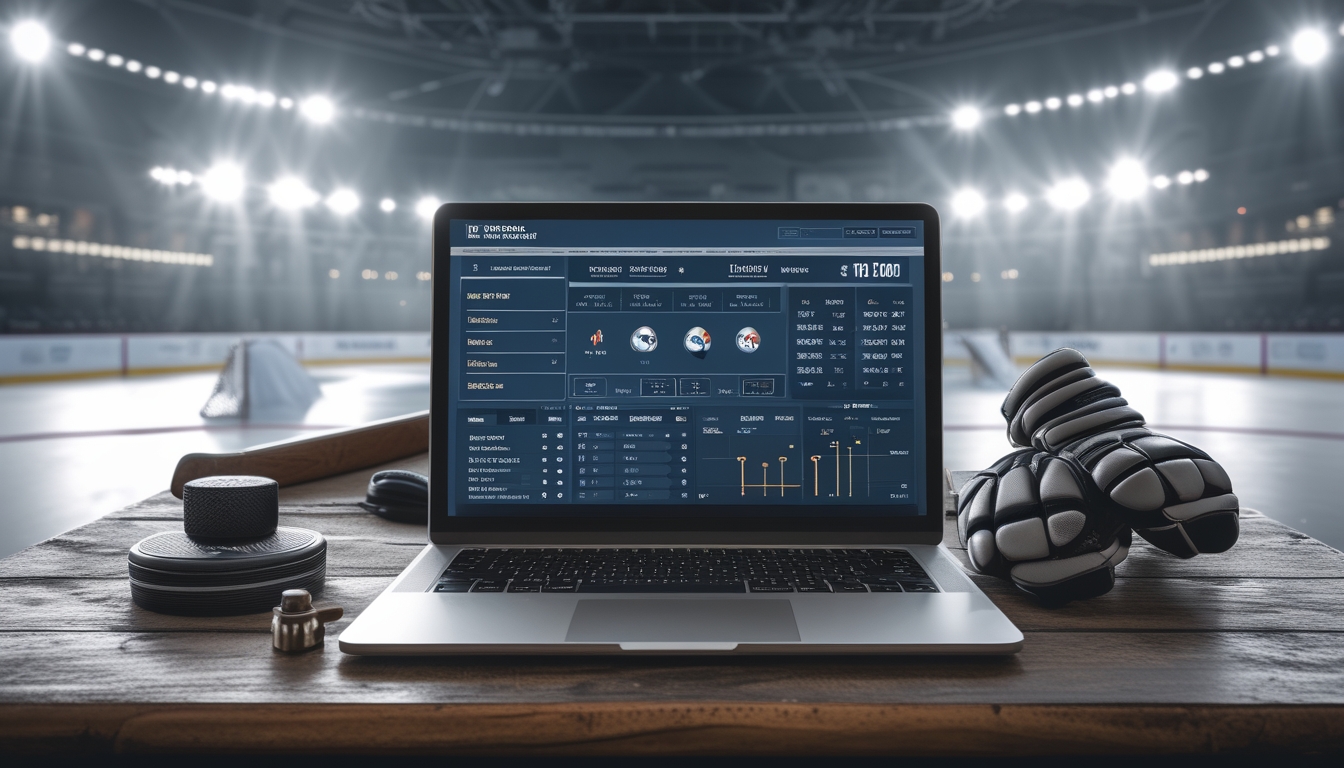 Meja kerja dengan laptop yang menampilkan opsi taruhan NHL dan peralatan hoki seperti puck dan tongkat hoki di latar depan, dengan arena hoki kabur di belakang.