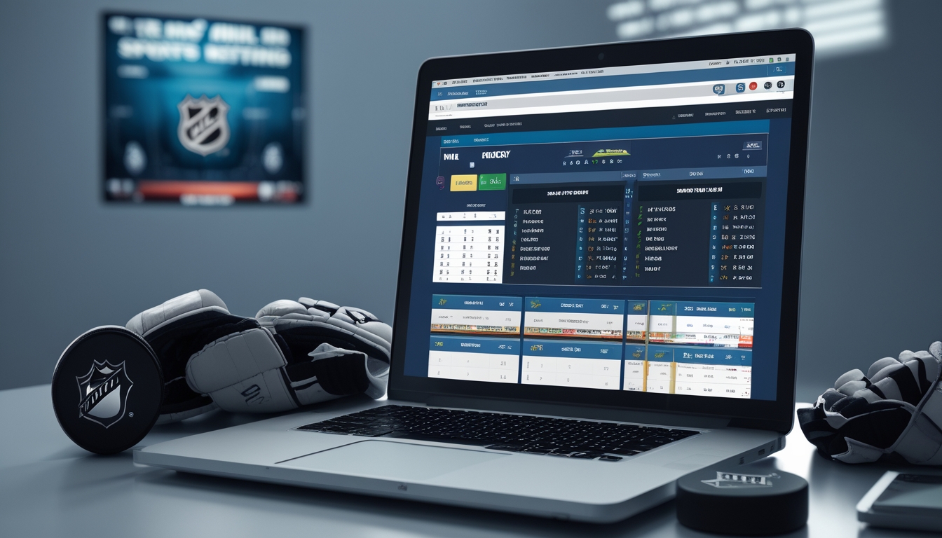 Sebuah meja kerja dengan laptop yang menampilkan data taruhan NHL, dikelilingi oleh perlengkapan hoki seperti puck dan stik hoki, dengan layar besar menampilkan pertandingan NHL di latar belakang.
