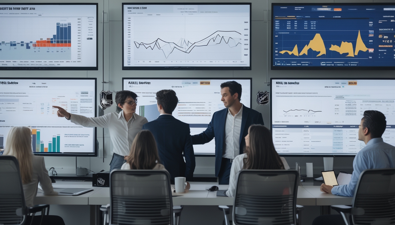 Sekelompok orang di kantor modern sedang menganalisis data taruhan NHL pada layar komputer besar.