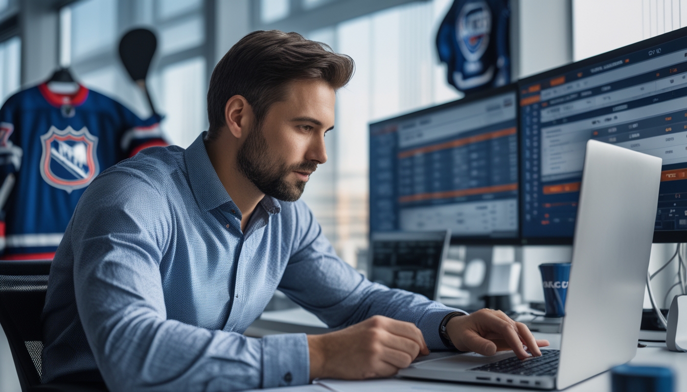Seorang analis atau petaruh olahraga sedang duduk di meja dengan beberapa layar yang menampilkan pertandingan hoki NHL dan data taruhan.