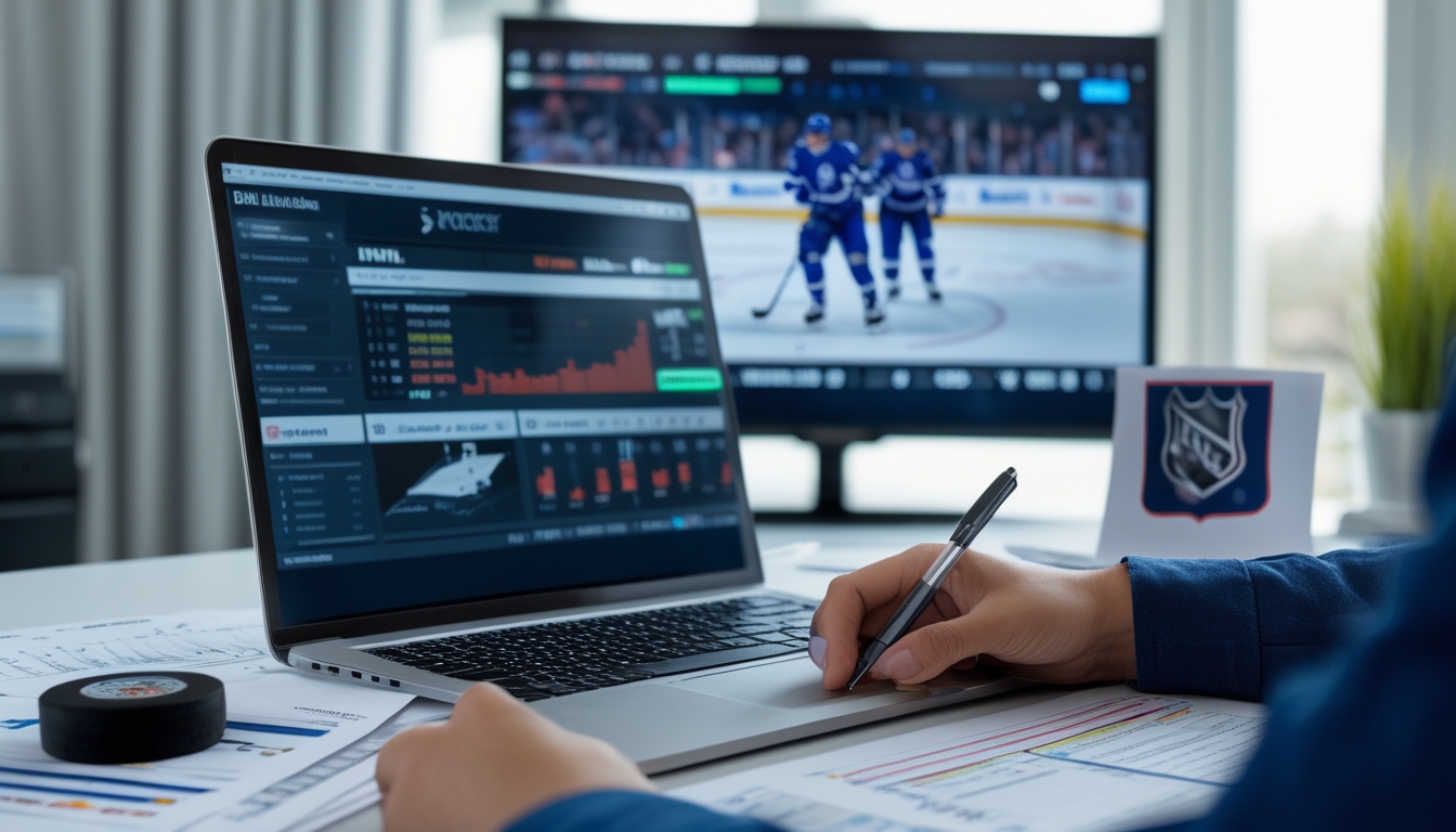 Orang sedang menganalisis data taruhan NHL di laptop dengan pertandingan hoki NHL yang sedang berlangsung di layar televisi di latar belakang.