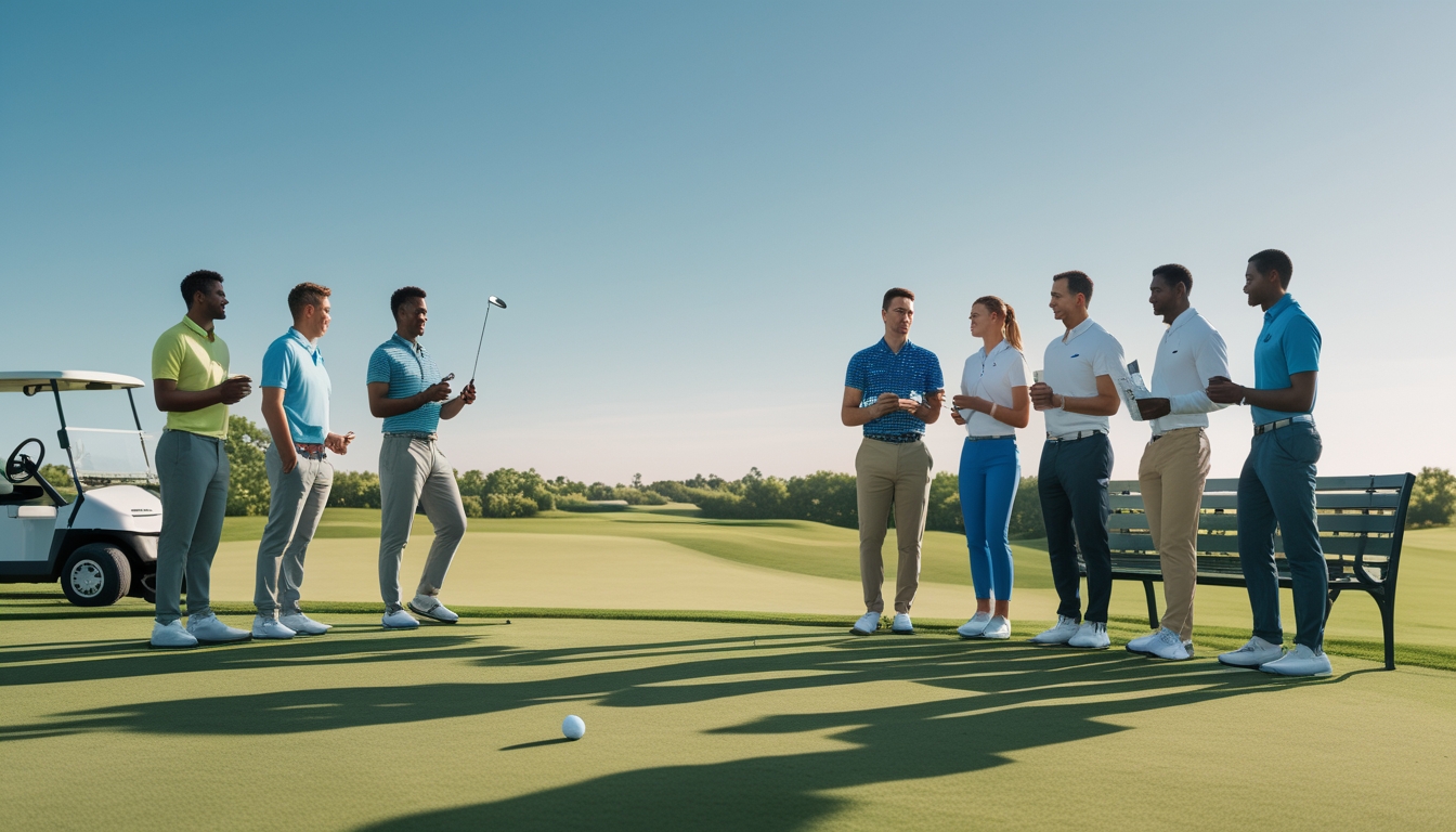 Sekelompok orang berdiskusi di lapangan golf dengan perlengkapan golf dan perangkat elektronik di dekat mereka.