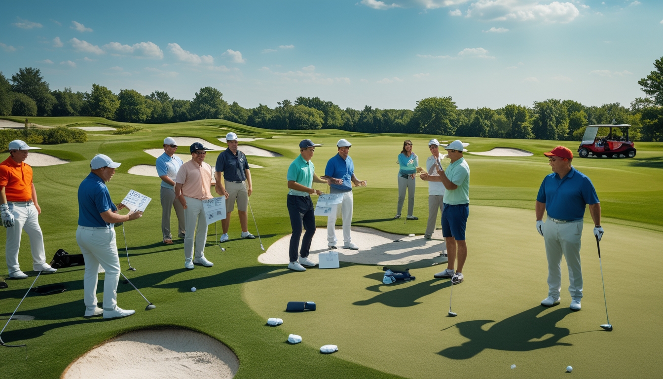 Sekelompok pemain golf sedang bermain dan berdiskusi di lapangan golf yang hijau dengan peralatan golf di sekitar mereka.
