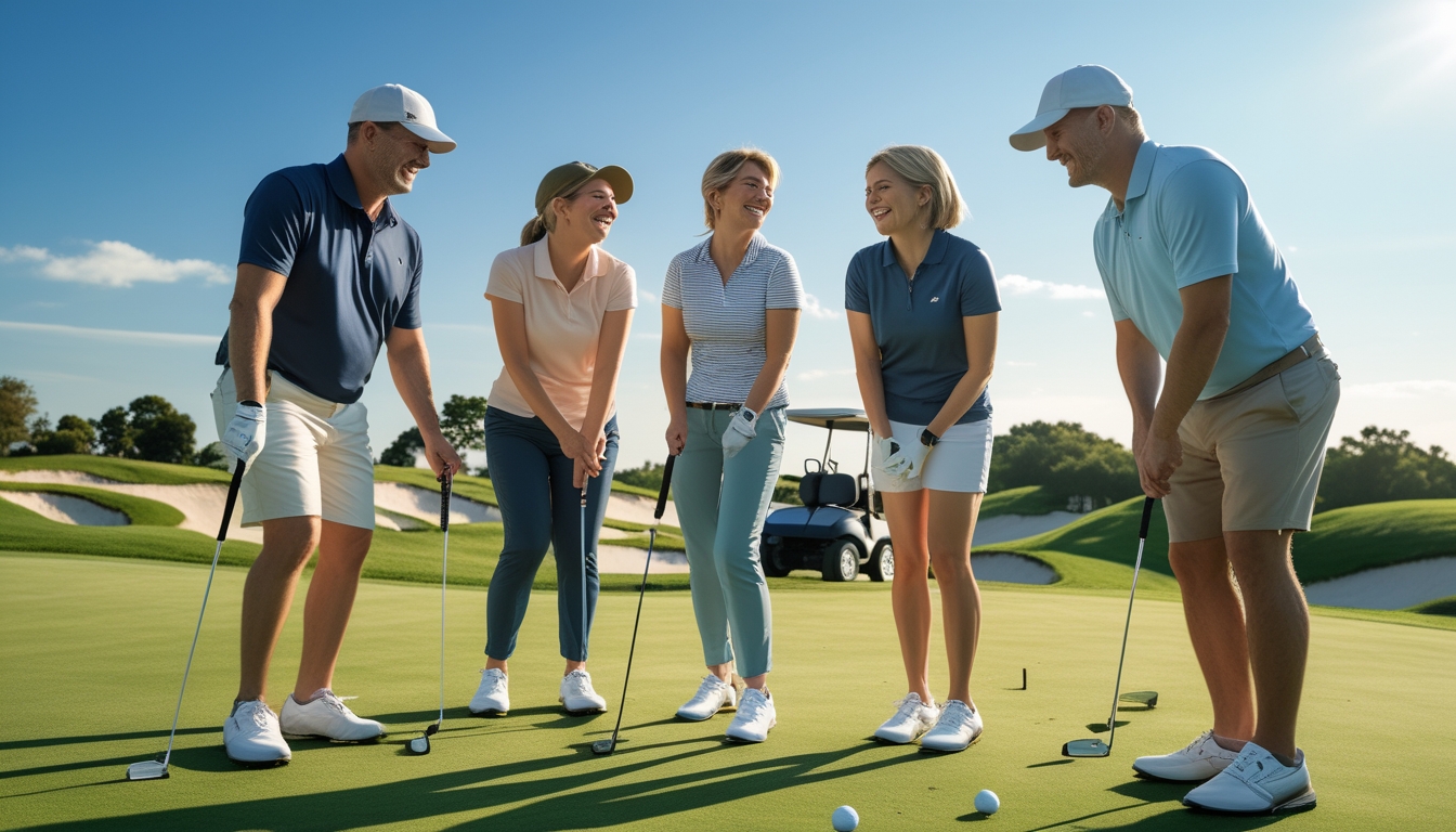 Sekelompok teman bermain golf bersama di lapangan golf yang hijau dan cerah.