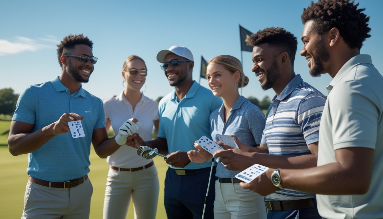 Sekelompok teman bermain golf di lapangan hijau sambil melakukan taruhan golf dengan suasana ceria.