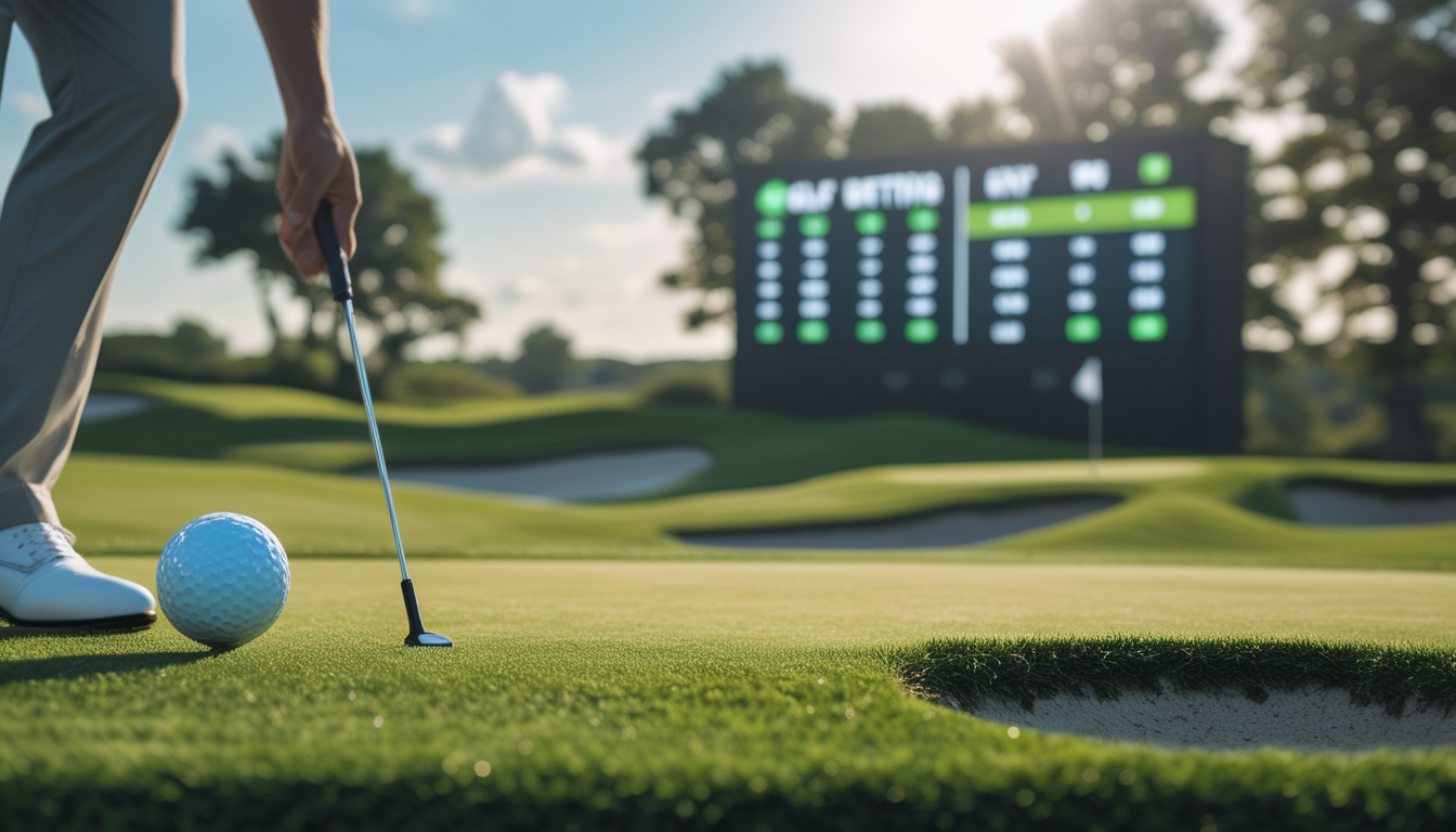 Pemandangan lapangan golf dengan bola golf di rumput dan pemain yang bersiap memukul, latar belakang menunjukkan papan skor dan lapangan hijau.