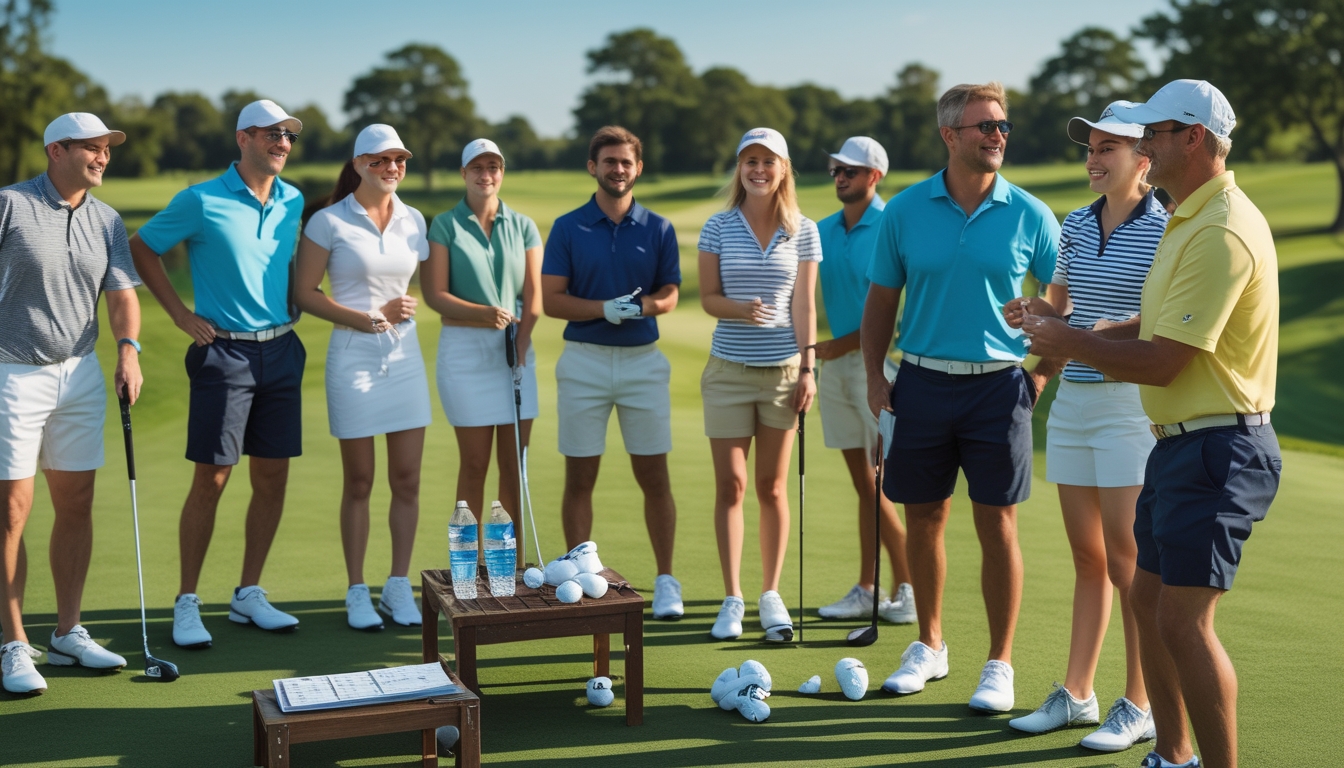 Sekelompok pemain golf santai bermain dan bersenang-senang di lapangan golf hijau dengan perlengkapan golf dan minuman di meja kecil.