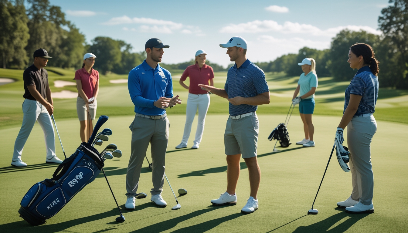 Sekelompok pemain golf dengan pelatih di lapangan golf yang hijau sedang berdiskusi dan berlatih menggunakan berbagai jenis stik golf sesuai kemampuan masing-masing.