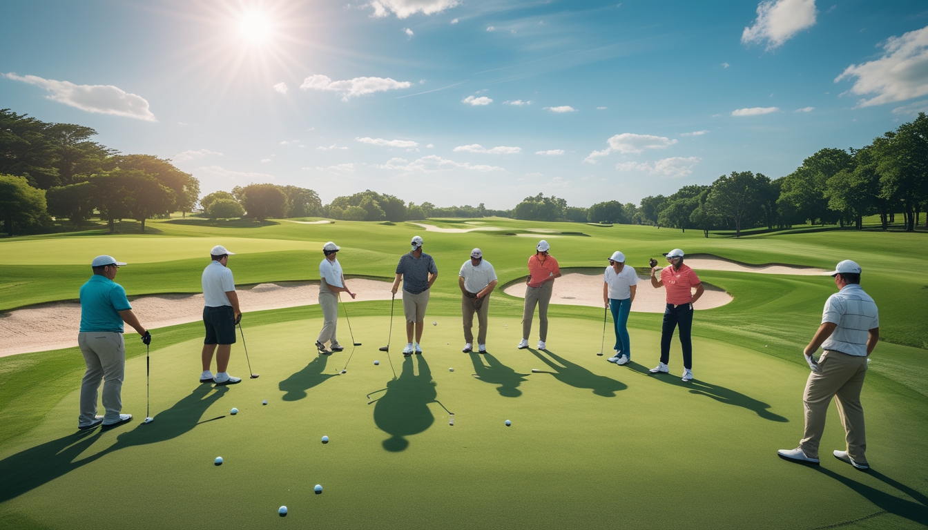 Sekelompok pemain golf dengan berbagai tingkat kemampuan sedang bermain dan berdiskusi di lapangan golf yang hijau dan cerah.