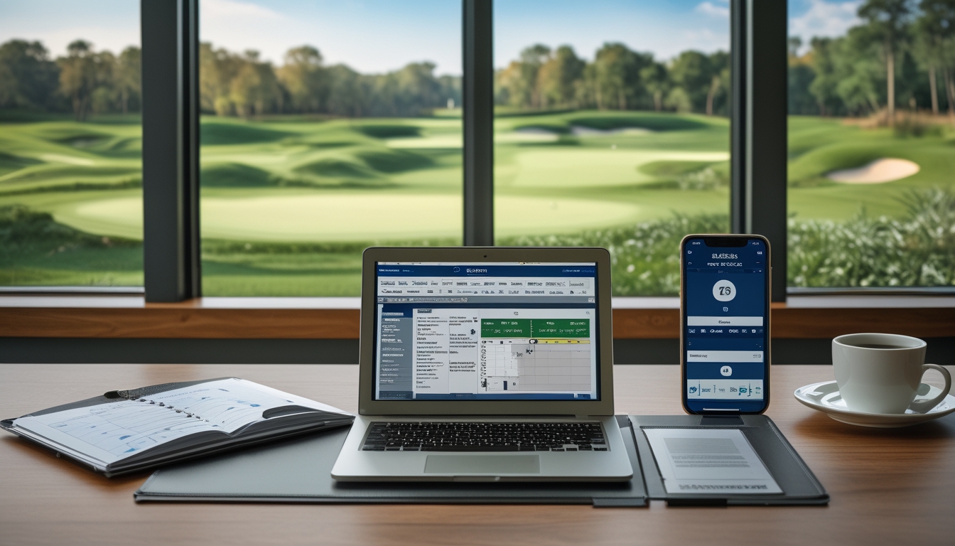 Meja dengan perlengkapan taruhan golf seperti kartu skor, buku strategi, ponsel dengan peluang taruhan, dan secangkir kopi dengan latar lapangan golf hijau.