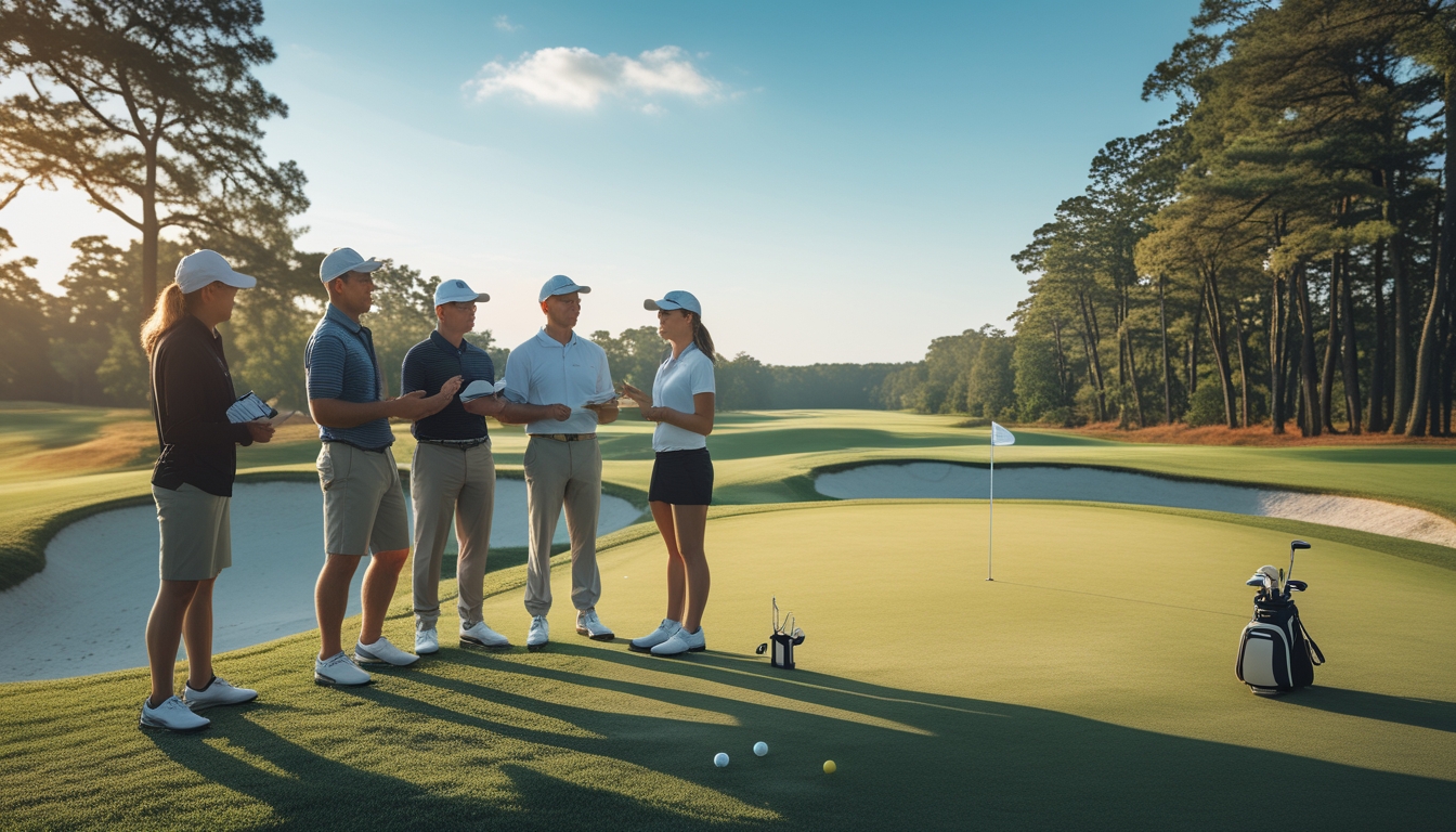Sekelompok pemain golf berdiskusi di lapangan golf hijau dengan perlengkapan golf di sekitar mereka.