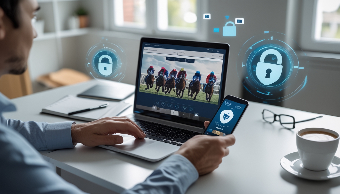 Seseorang menggunakan laptop dan ponsel untuk menonton balap kuda secara langsung di ruang kerja modern yang aman dan terpercaya.