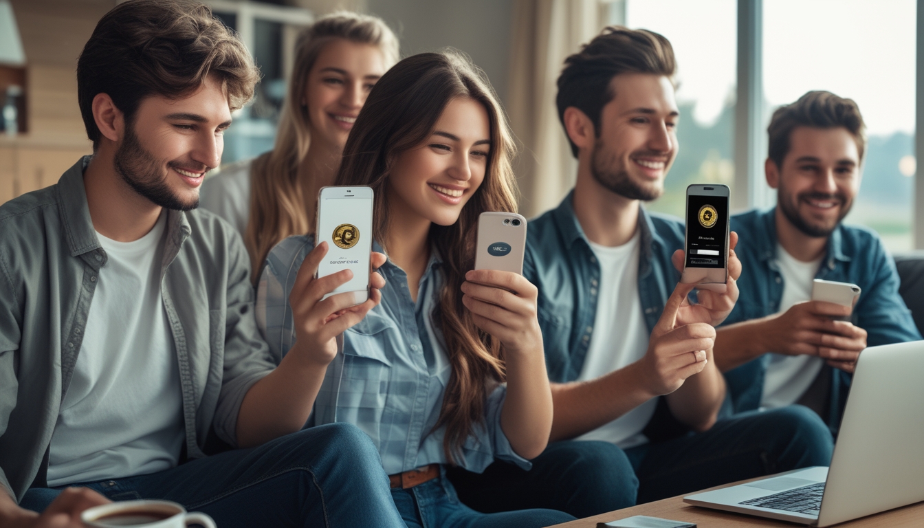 Sekelompok orang muda sedang menonton balap kuda secara langsung di ponsel Android dan iPhone di ruang tamu yang nyaman.